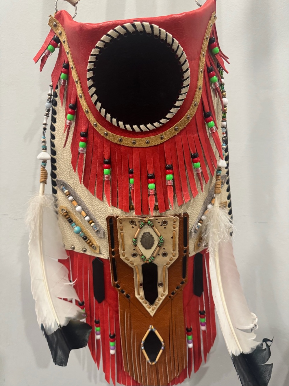 Red and Tan Fringe Beaded Boho Leather Bag with Feather Accents